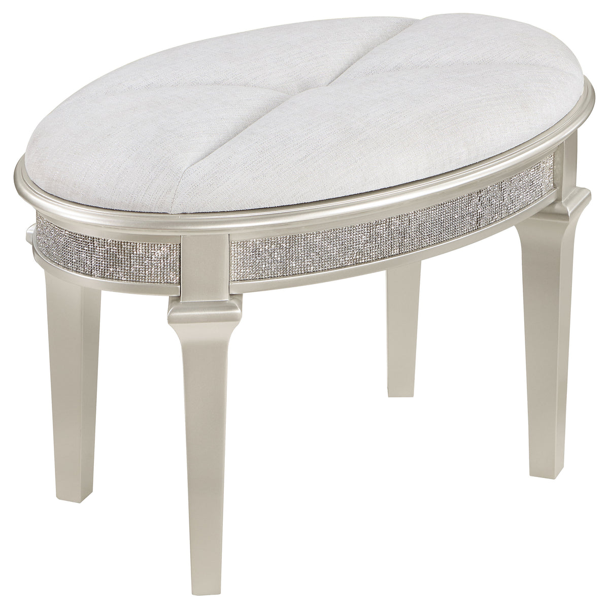 Evangeline Oval Vanity Stool with Faux Diamond Trim Silver and Ivory  Half Price Furniture