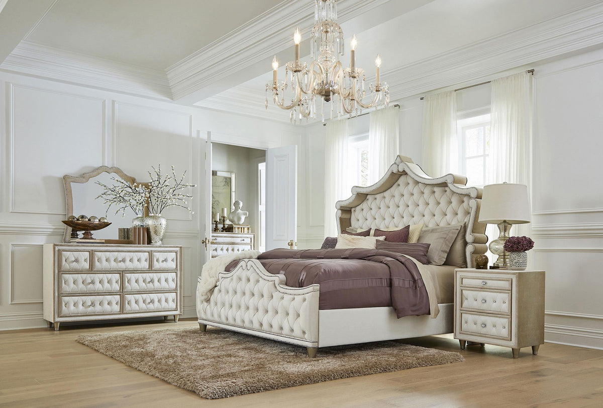 Antonella 5-Piece Eastern King Upholstered Tufted Bedroom Set Ivory and Camel Antonella 5-Piece Eastern King Upholstered Tufted Bedroom Set Ivory and Camel Half Price Furniture