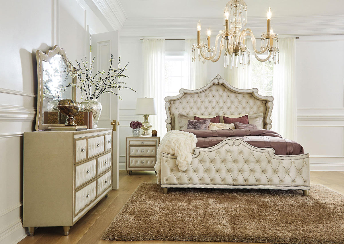 Antonella 4-Piece California King Upholstered Tufted Bedroom Set Ivory and Camel  Half Price Furniture