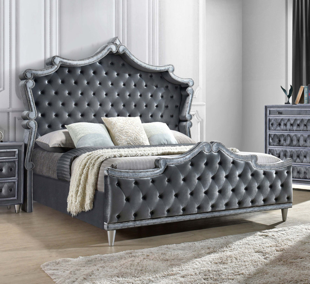 Antonella Upholstered Tufted Eastern King Bed Grey  Half Price Furniture