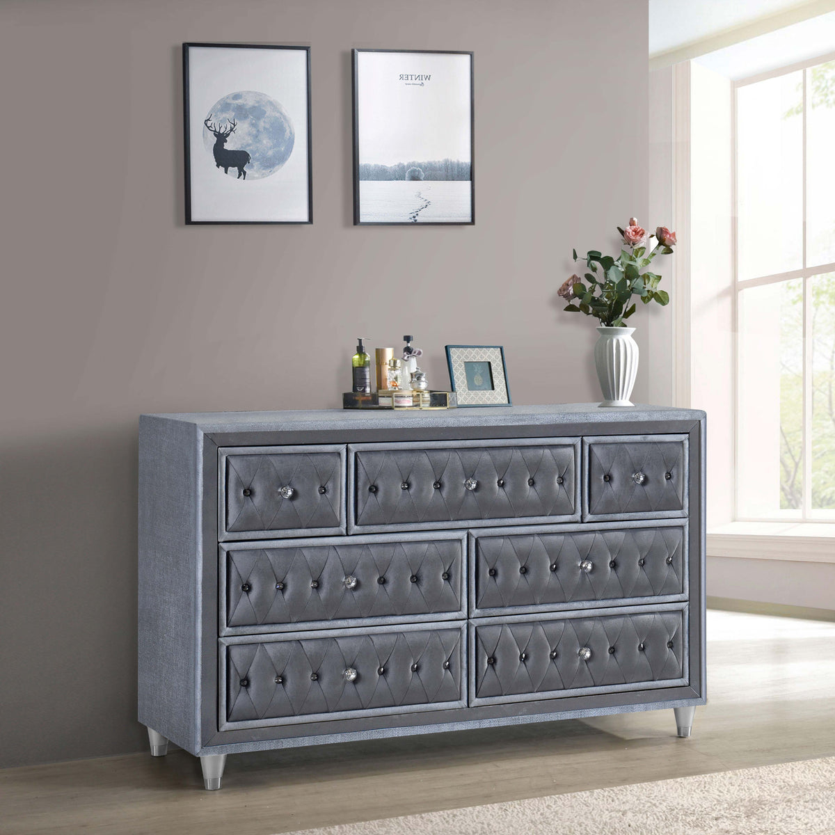 grey velvet dresser Coaster Antonella 7-Drawer Upholstered adding a unique design Set Option:Dress & 2 Clips 50 Celebrities Who Dressed Cocktail Gow