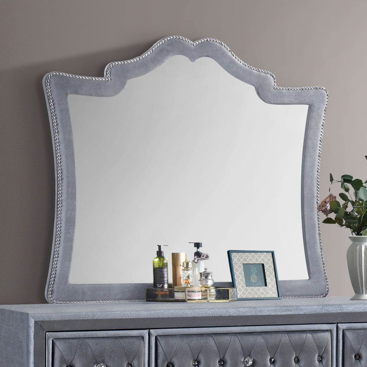 Antonella Dresser Mirror with Nailhead Trim Camel  Las Vegas Furniture Stores
