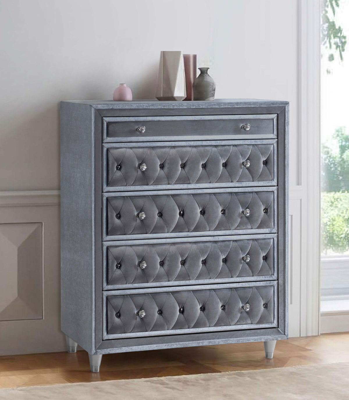 Antonella 5-drawer Upholstered Chest Grey Antonella 5-drawer Upholstered Chest Grey Half Price Furniture