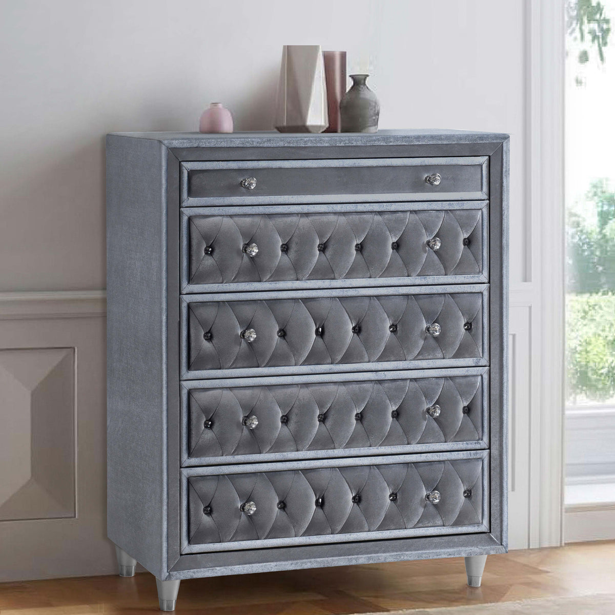 grey chest dresser Antonella 5-drawer Upholstered Chest Grey