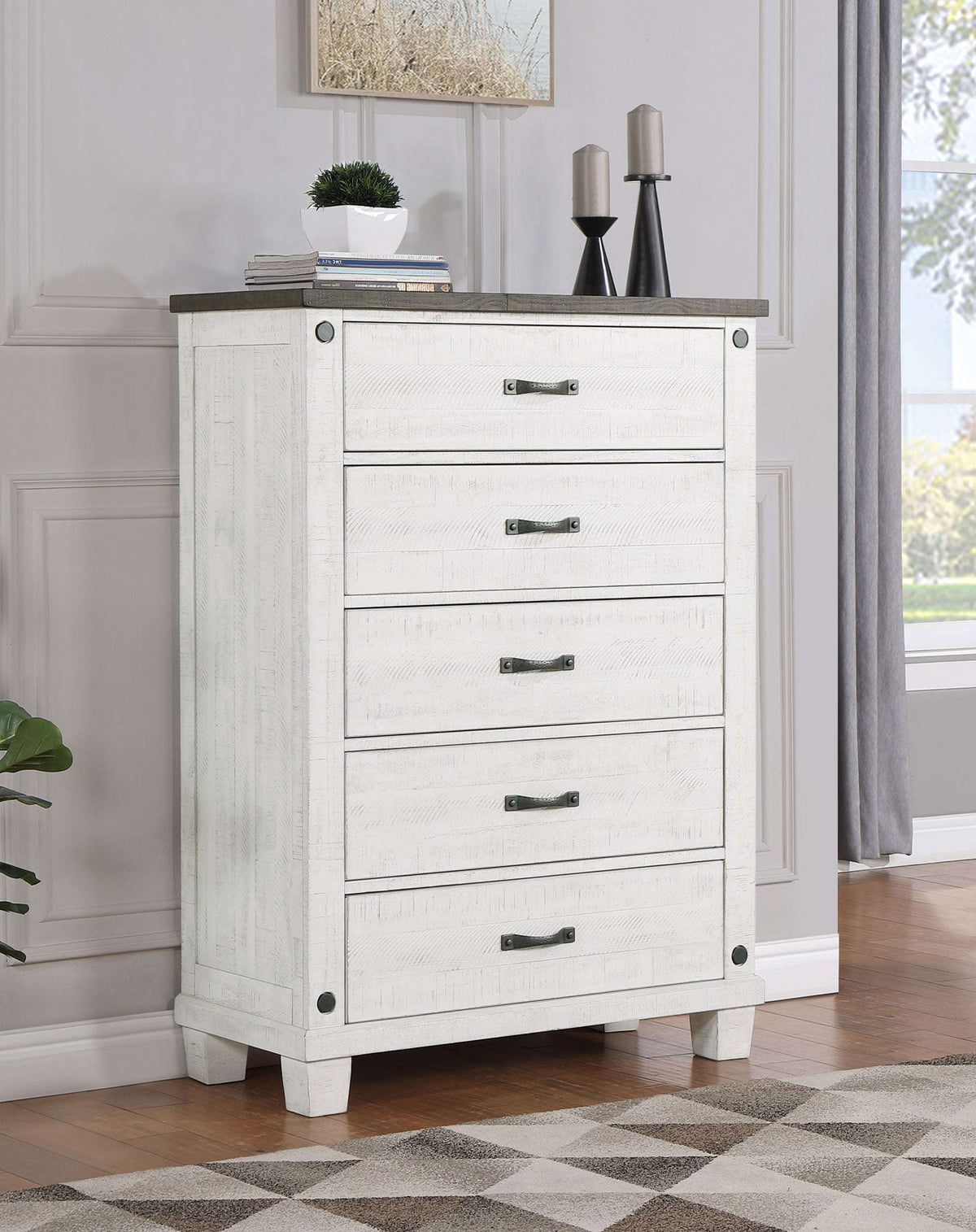 Lilith 5-drawer Chest Distressed Grey and White Half Price Furniture