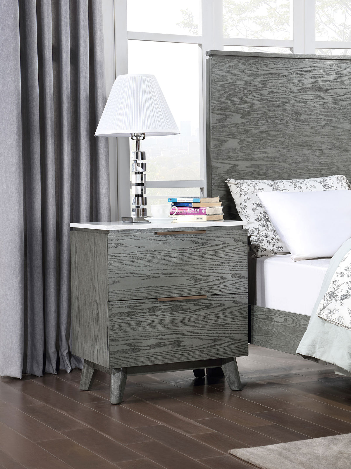 Nathan 2-drawer Nightstand with USB Port White Marble and Grey Half Price Furniture