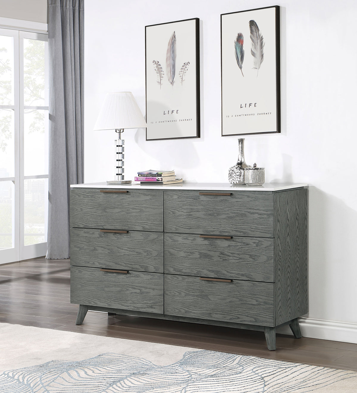 Nathan 6-drawer Dresser White Marble and Grey  Half Price Furniture
