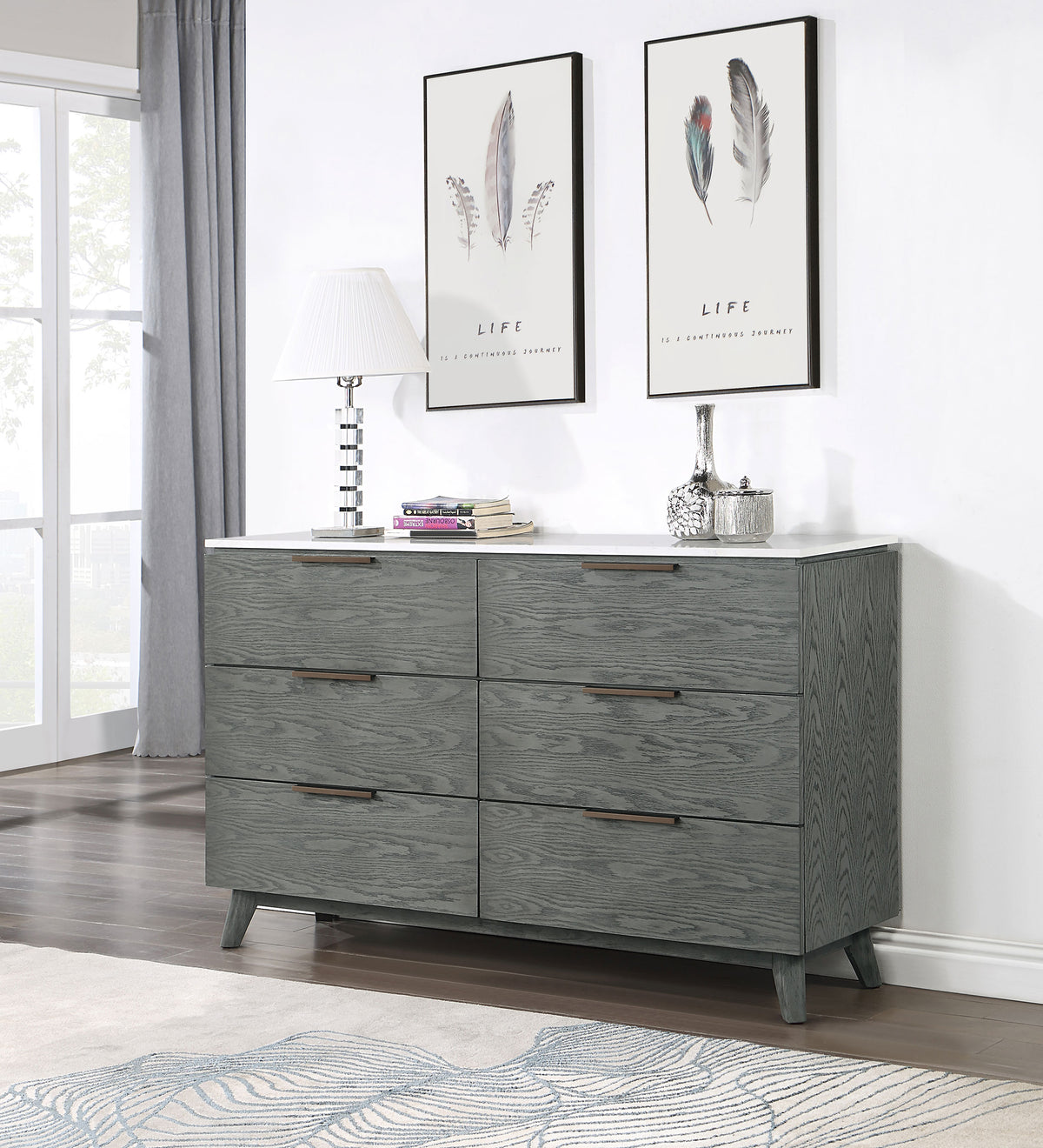 Nathan 6-drawer Dresser White Marble and Grey  Las Vegas Furniture Stores