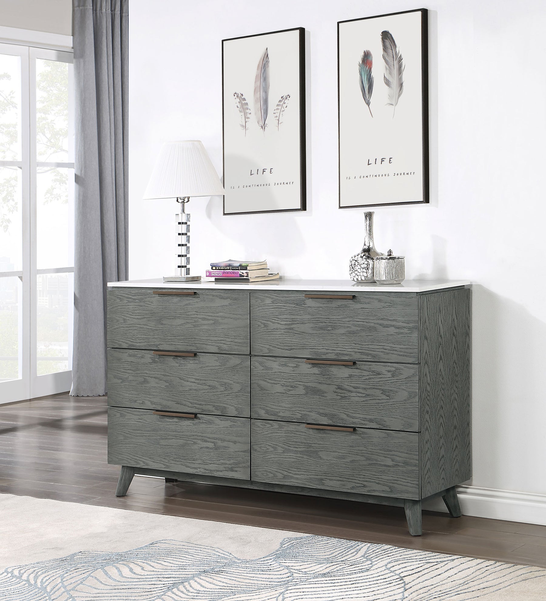 Nathan 6-drawer Dresser White Marble and Grey Nathan 6-drawer Dresser White Marble and Grey
