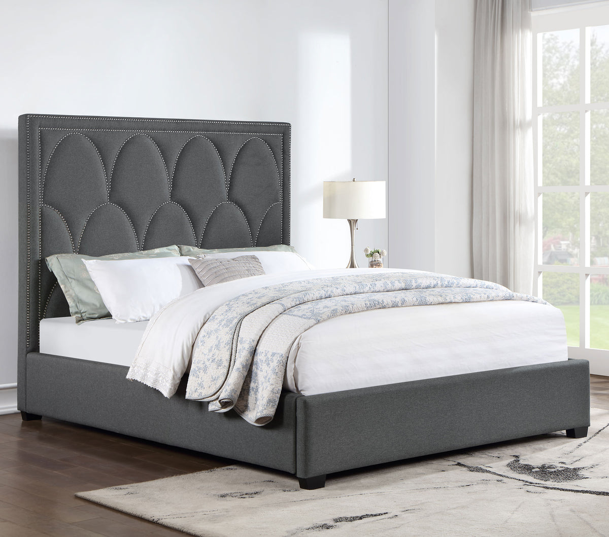 Bowfield Upholstered Bed with Nailhead Trim Charcoal  Half Price Furniture