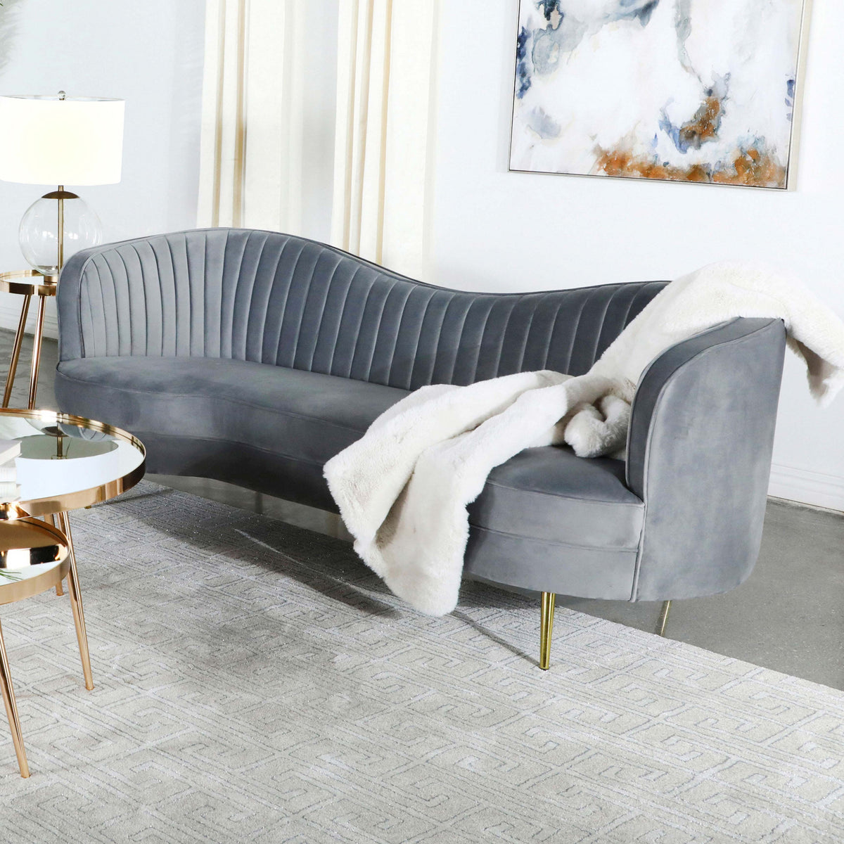 Sophia Upholstered Sofa with Camel Back Grey and Gold Half Price Furniture