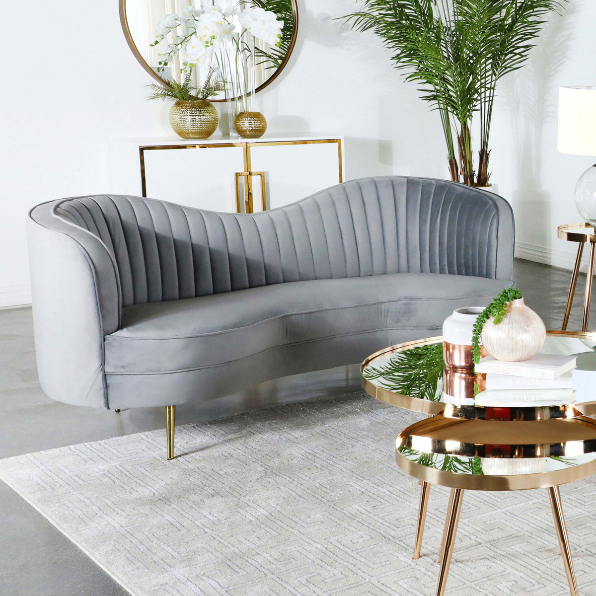 Sophia Upholstered Loveseat with Camel Back Grey and Gold Sophia Upholstered Loveseat with Camel Back Grey and Gold Half Price Furniture