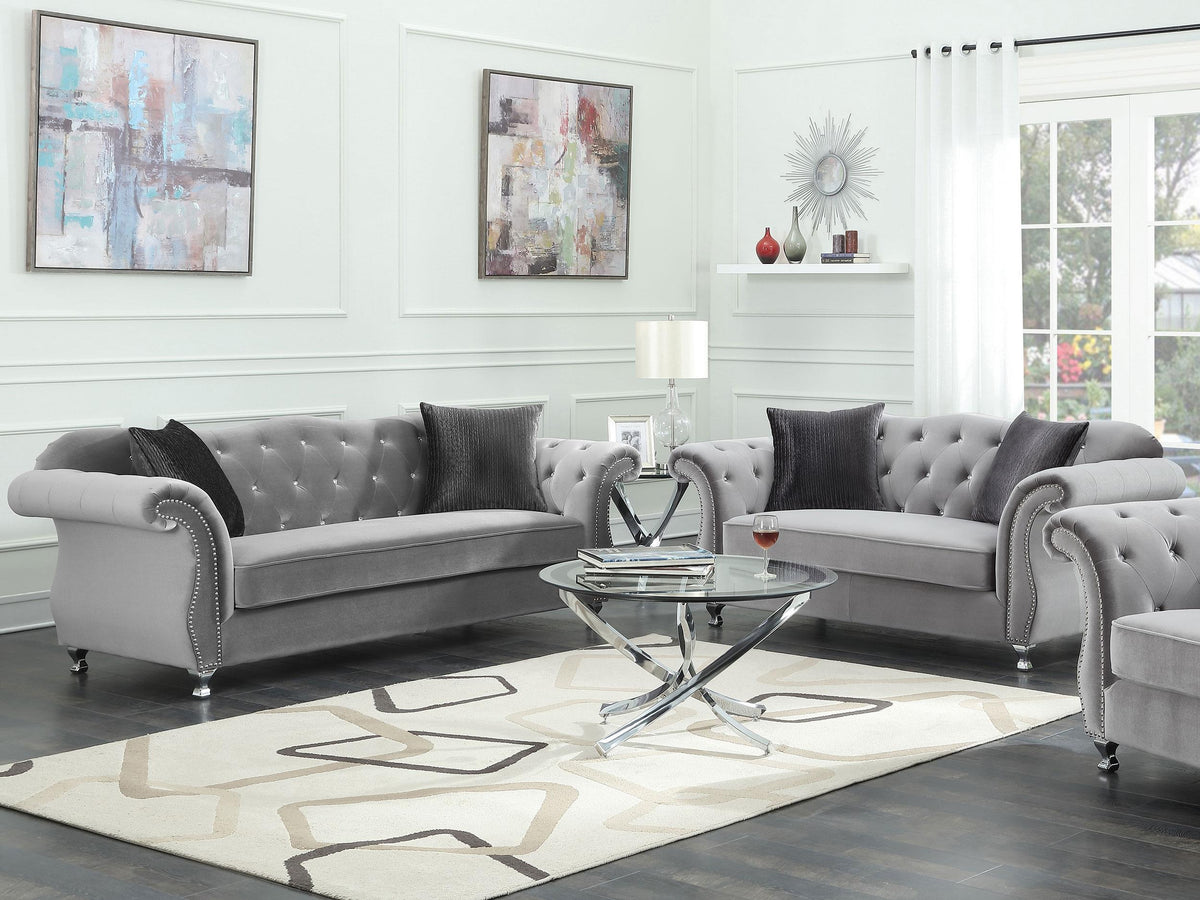 Frostine Upholstered Tufted Living Room Set Silver Half Price Furniture
