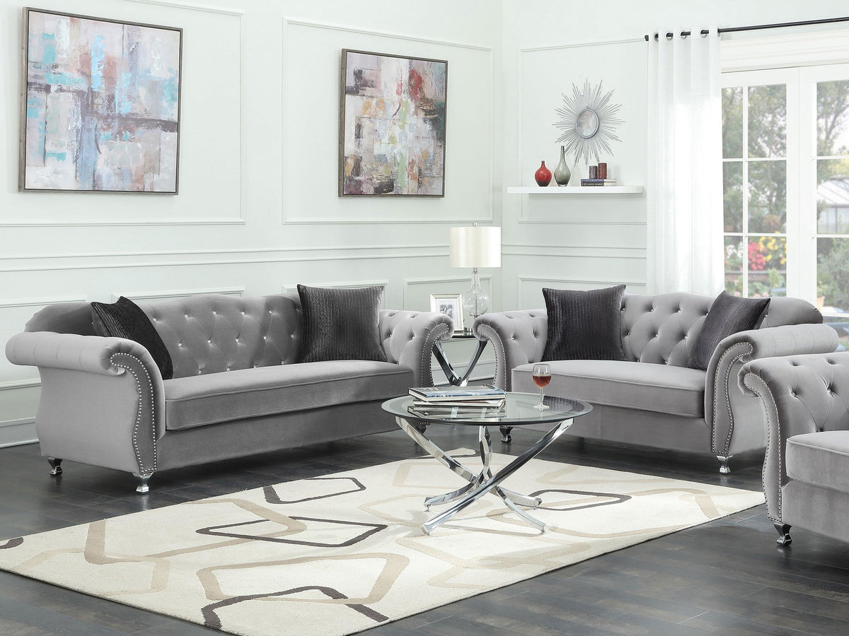 Frostine Upholstered Tufted Living Room Set Silver Frostine Upholstered Tufted Living Room Set Silver Half Price Furniture