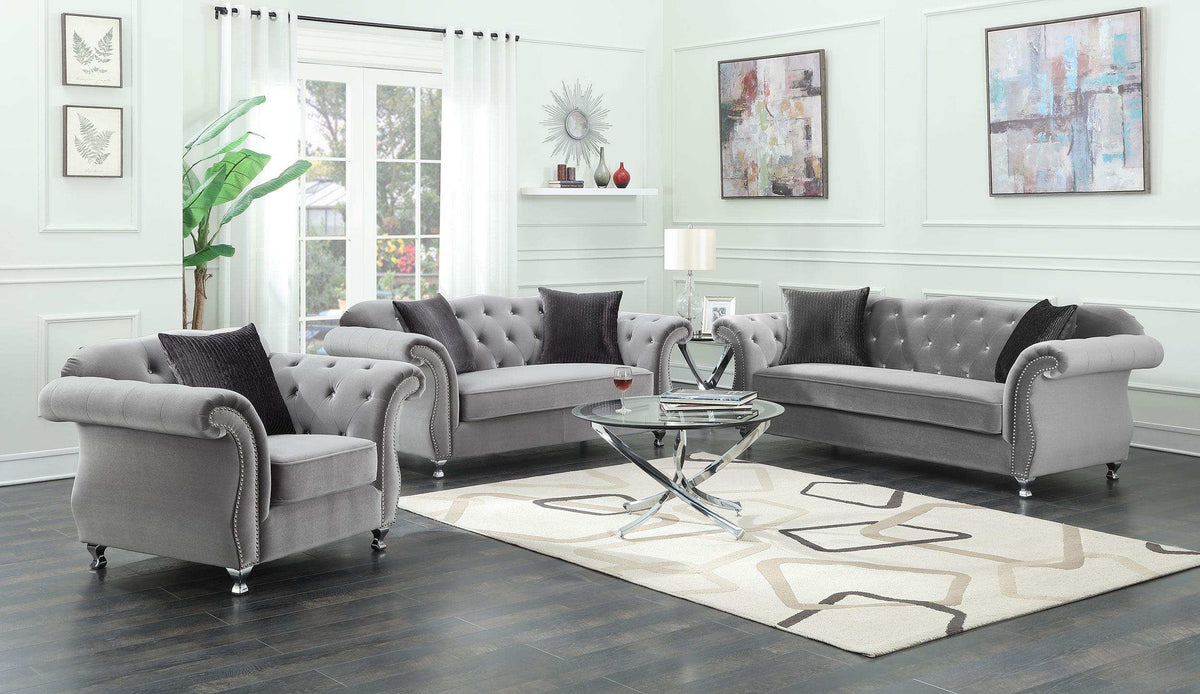 Frostine Upholstered Tufted Living Room Set Silver Half Price Furniture