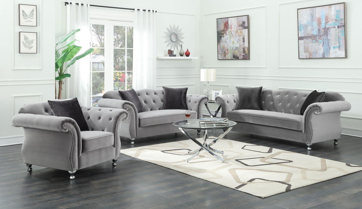 Frostine Upholstered Tufted Living Room Set Silver Half Price Furniture