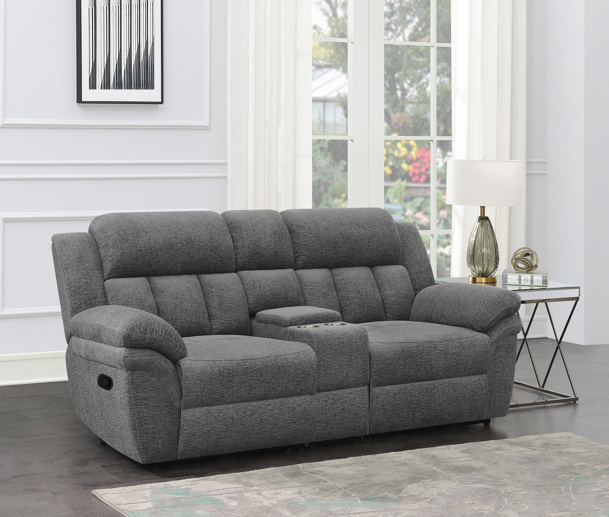 Bahrain Upholstered Motion Loveseat with Console Charcoal  Half Price Furniture