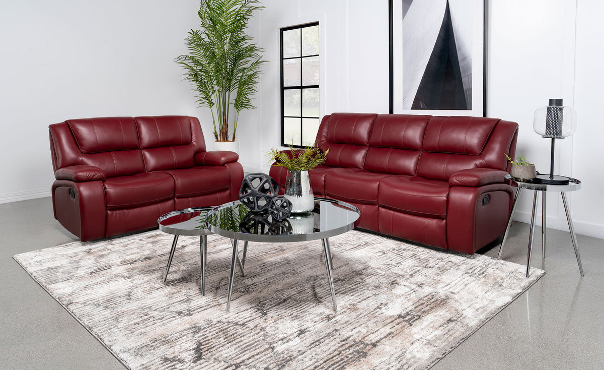 Camila Upholstered Reclining Sofa Set Red Faux Leather Camila Upholstered Reclining Sofa Set Red Faux Leather Half Price Furniture