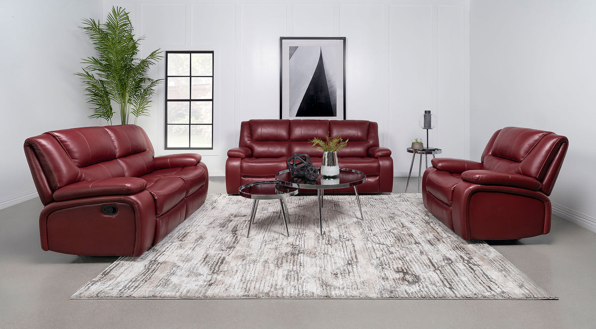 Camila Upholstered Reclining Sofa Set Red Faux Leather - Living Room Set - Half Price Furniture