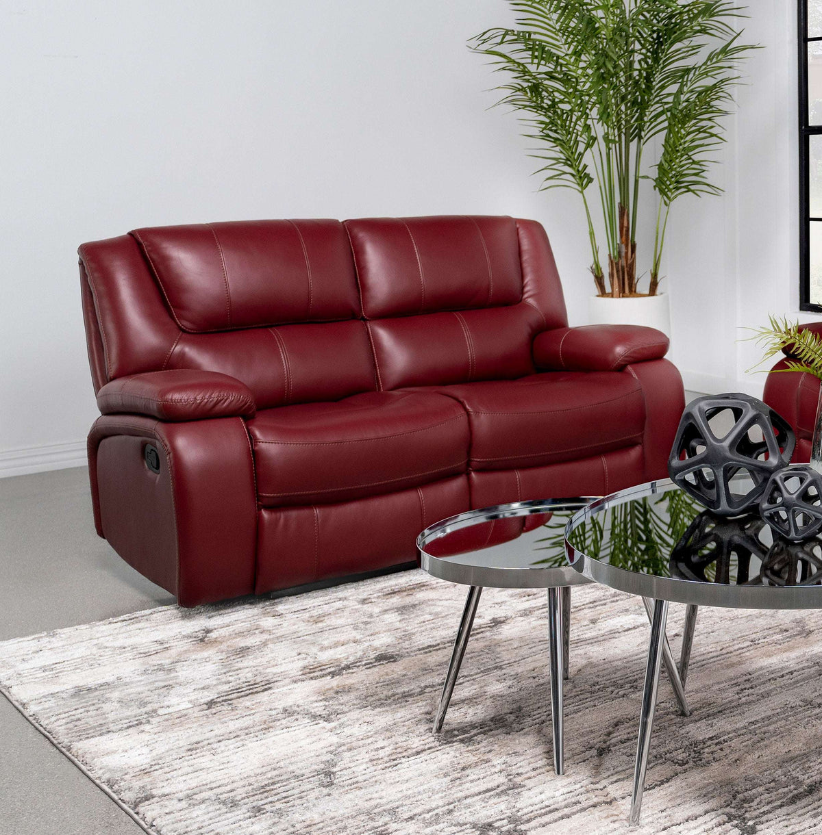 Camila Upholstered Motion Reclining Loveseat Red Faux Leather - Half Price Furniture