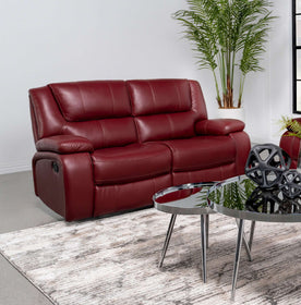 Camila Upholstered Motion Reclining Loveseat Red Faux Leather - Half Price Furniture