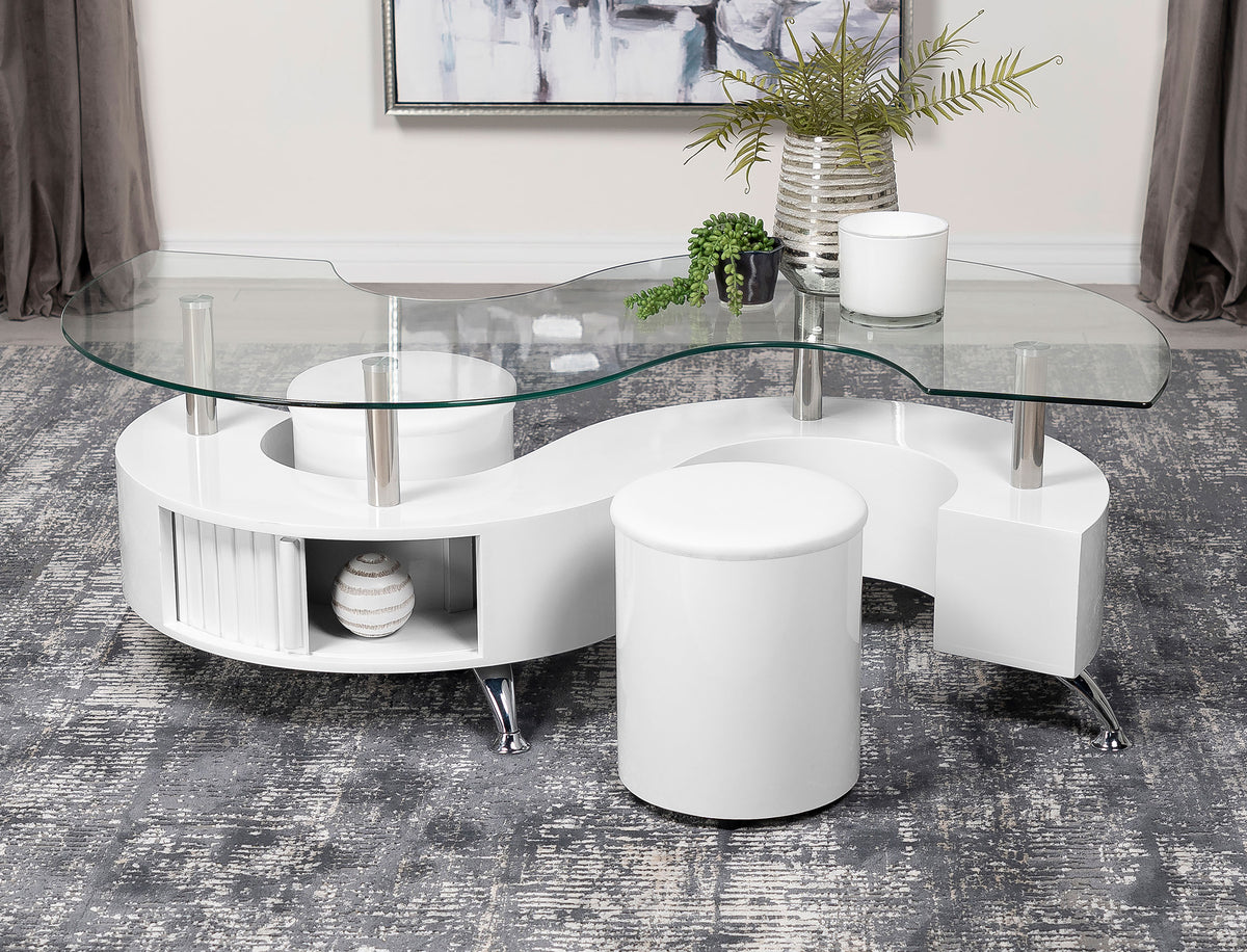 Buckley Curved Glass Top Coffee Table With Stools White High Gloss  Half Price Furniture