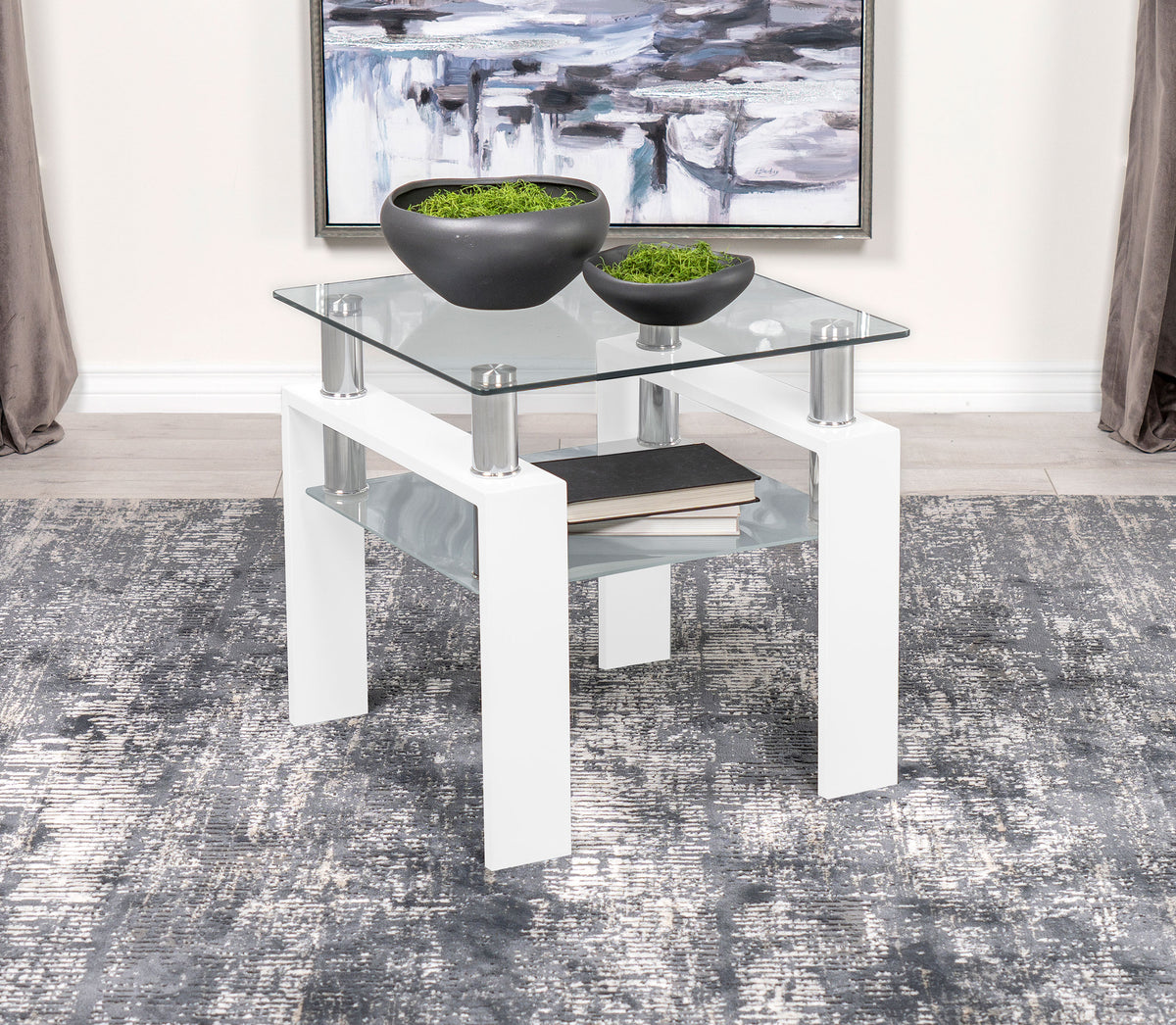 Dyer Square Glass Top End Table With Shelf White Half Price Furniture