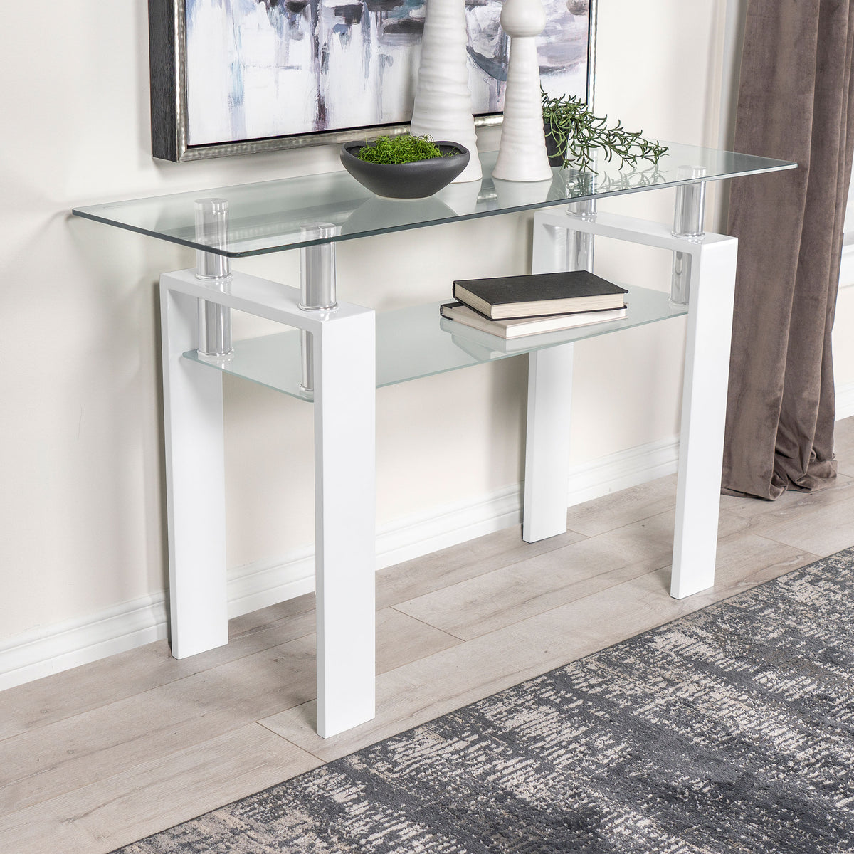 Dyer Rectangular Glass Top Sofa Table With Shelf White  Half Price Furniture