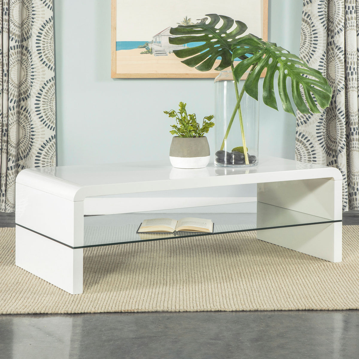 Airell Rectangular Coffee Table with Glass Shelf White High Gloss  Half Price Furniture