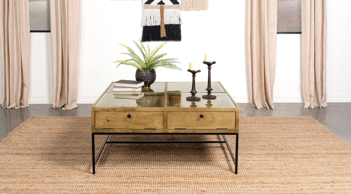 Stephie 4-drawer Square Clear Glass Top Coffee Table Honey Brown Half Price Furniture