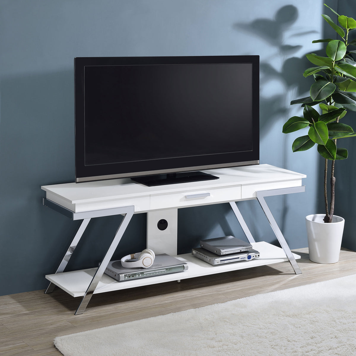 Marcia 1-drawer Wood 60" TV Stand White High Gloss and Chrome Marcia 1-drawer Wood 60" TV Stand White High Gloss and Chrome Half Price Furniture