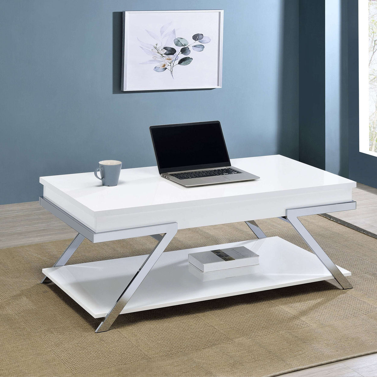 Marcia Wood Rectangular Lift Top Coffee Table White High Gloss and Chrome - Half Price Furniture