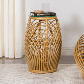 Dahlia Round Glass Top Woven Rattan End Table Natural Brown Half Price Furniture