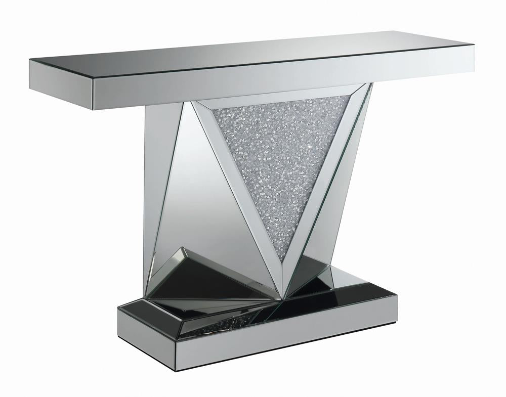 Amore Rectangular Sofa Table with Triangle Detailing Silver and Clear Mirror  Las Vegas Furniture Stores