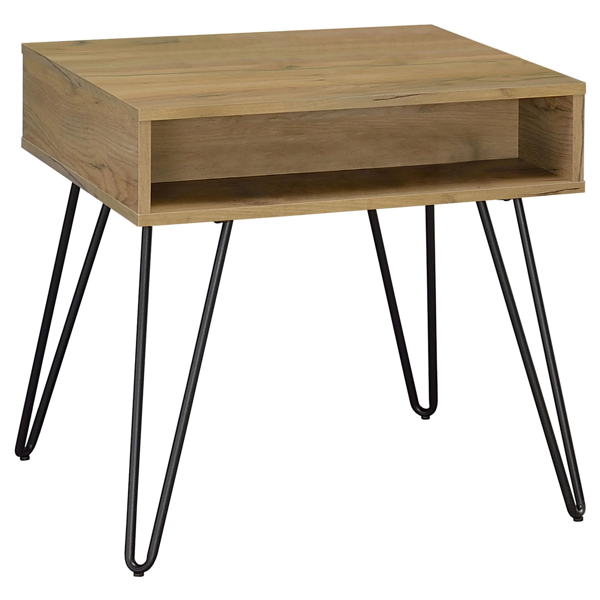 Fanning Square End Table with Open Compartment Golden Oak and Black  Half Price Furniture