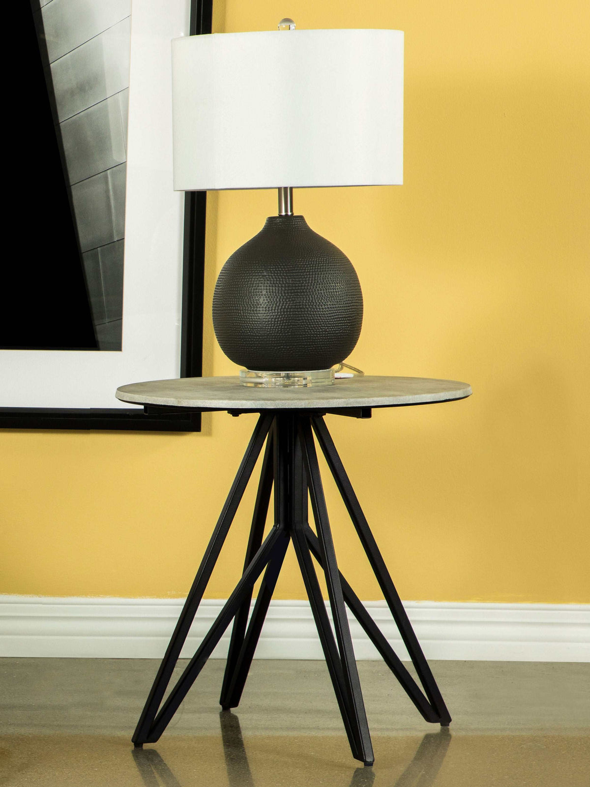 Hadi Round End Table with Hairpin Legs Cement and Gunmetal - Half Price Furniture