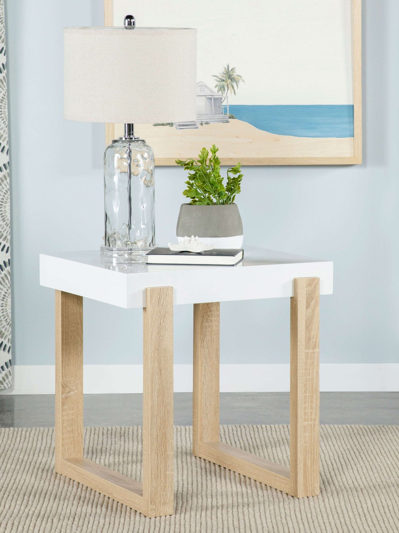 Pala Rectangular End Table with Sled Base White High Gloss and Natural - Half Price Furniture