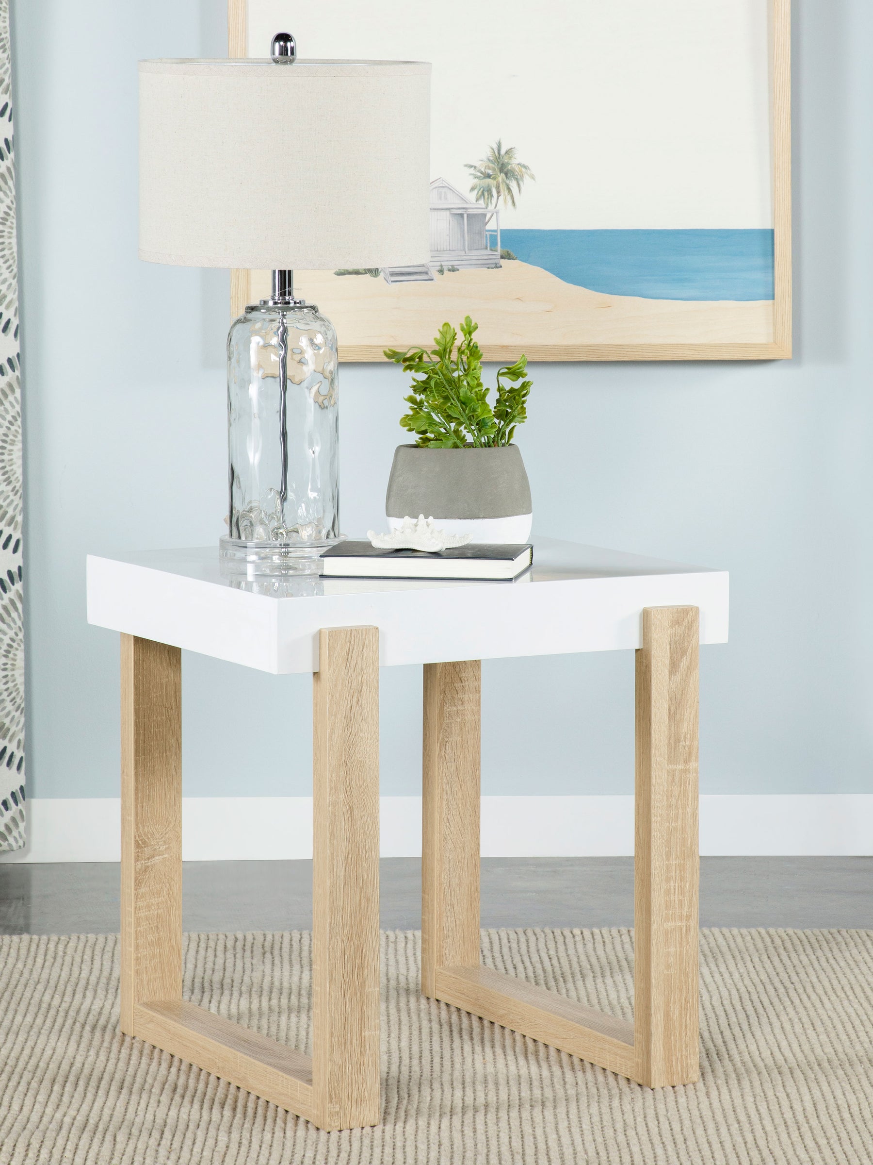 Pala Rectangular End Table with Sled Base White High Gloss and Natural  Half Price Furniture