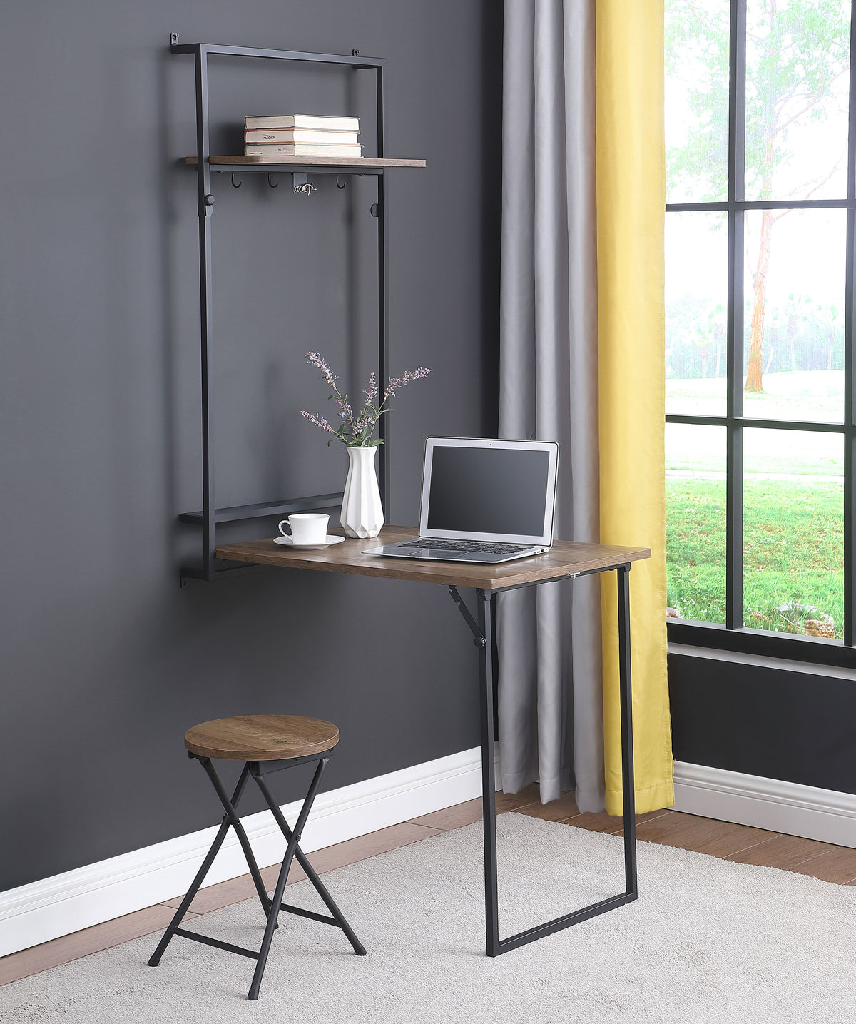 Riley Foldable Wall Desk with Stool Rustic Oak and Sandy Black  Half Price Furniture
