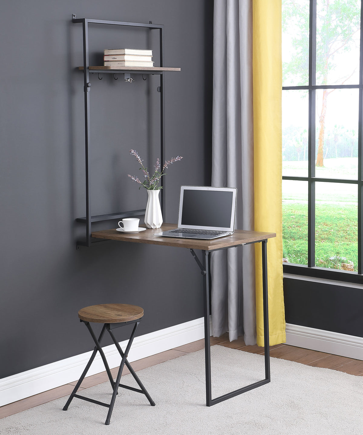 Riley Foldable Wall Desk with Stool Rustic Oak and Sandy Black Riley Foldable Wall Desk with Stool Rustic Oak and Sandy Black Half Price Furniture