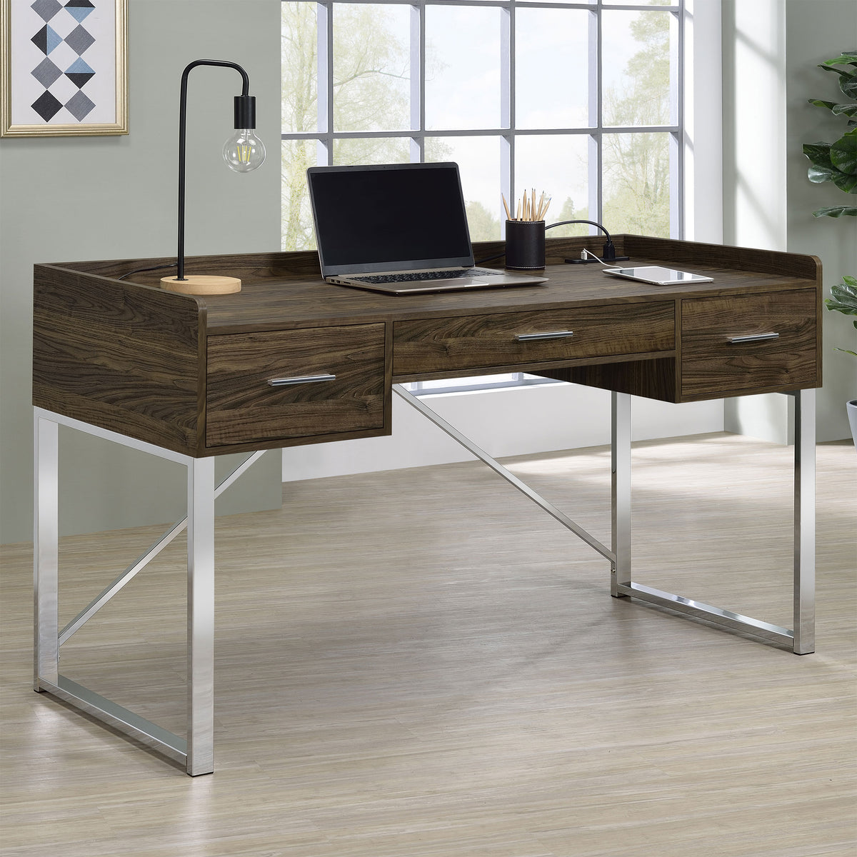Angelica 3-drawer Writing Desk Walnut and Chrome  Half Price Furniture