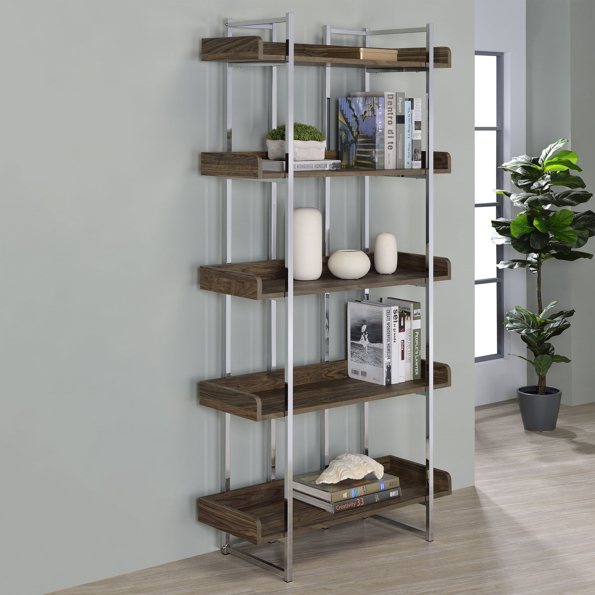 Angelica 5-shelf Bookcase Walnut and Chrome  Half Price Furniture