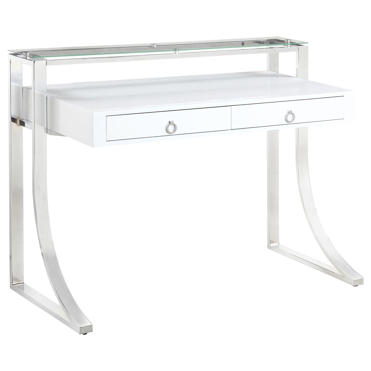 Gemma 2-drawer Writing Desk Glossy White and Chrome  Half Price Furniture