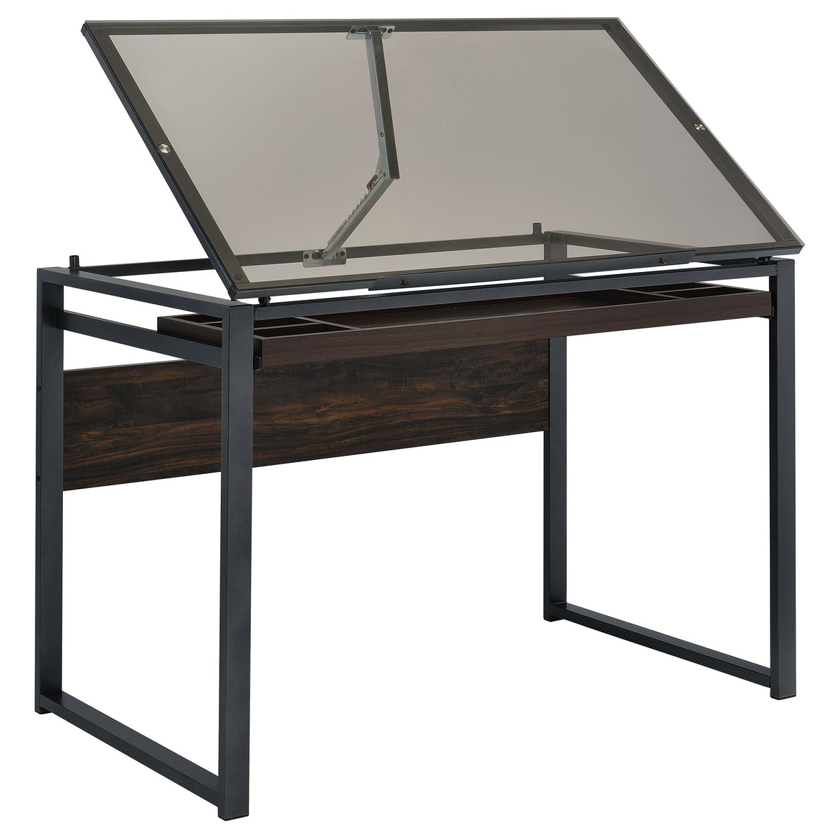 Pantano Glass Top Drafting Desk Dark Gunmetal and Chestnut  Half Price Furniture