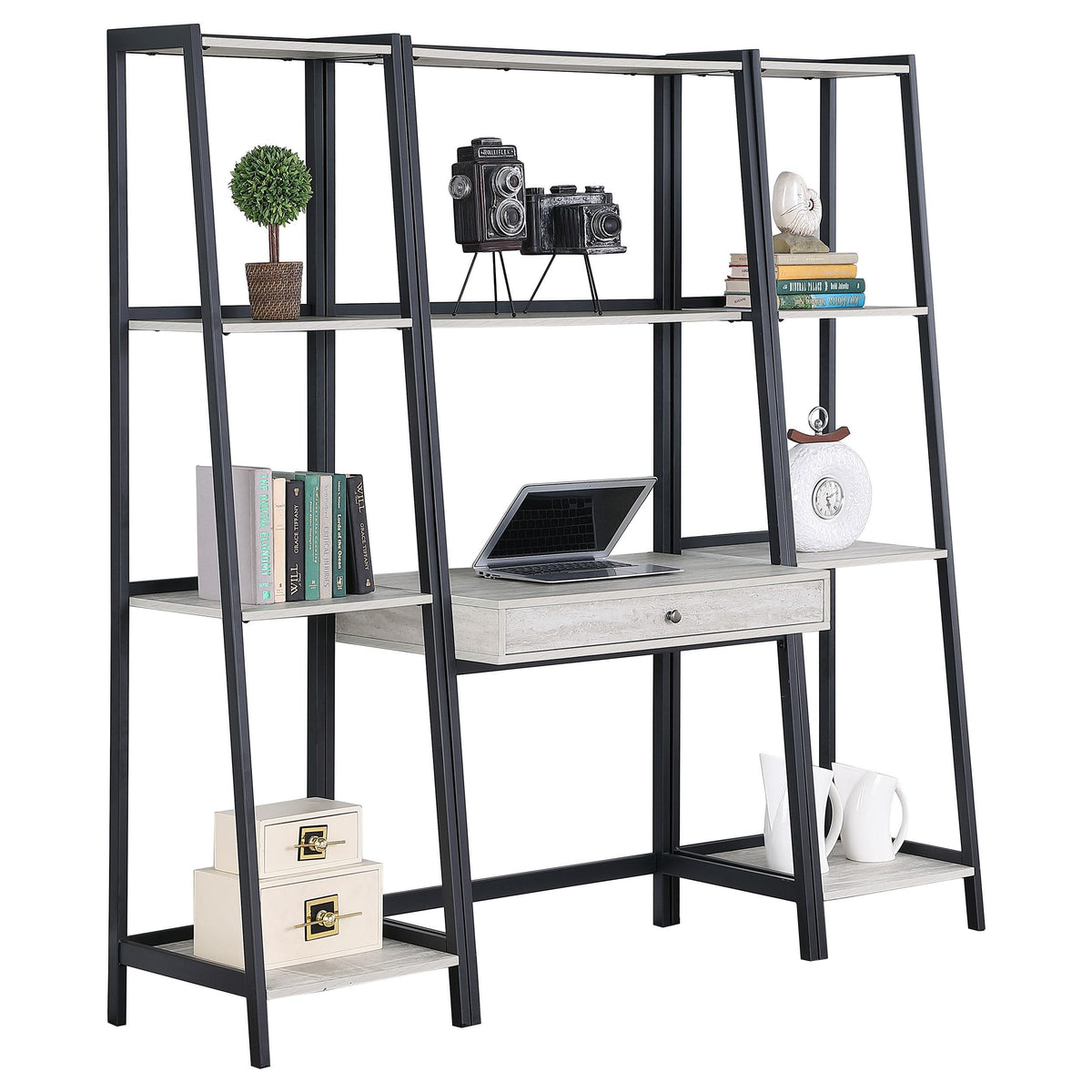 Pinckard 3-piece Ladder Desk Set Grey Stone and Black  Half Price Furniture