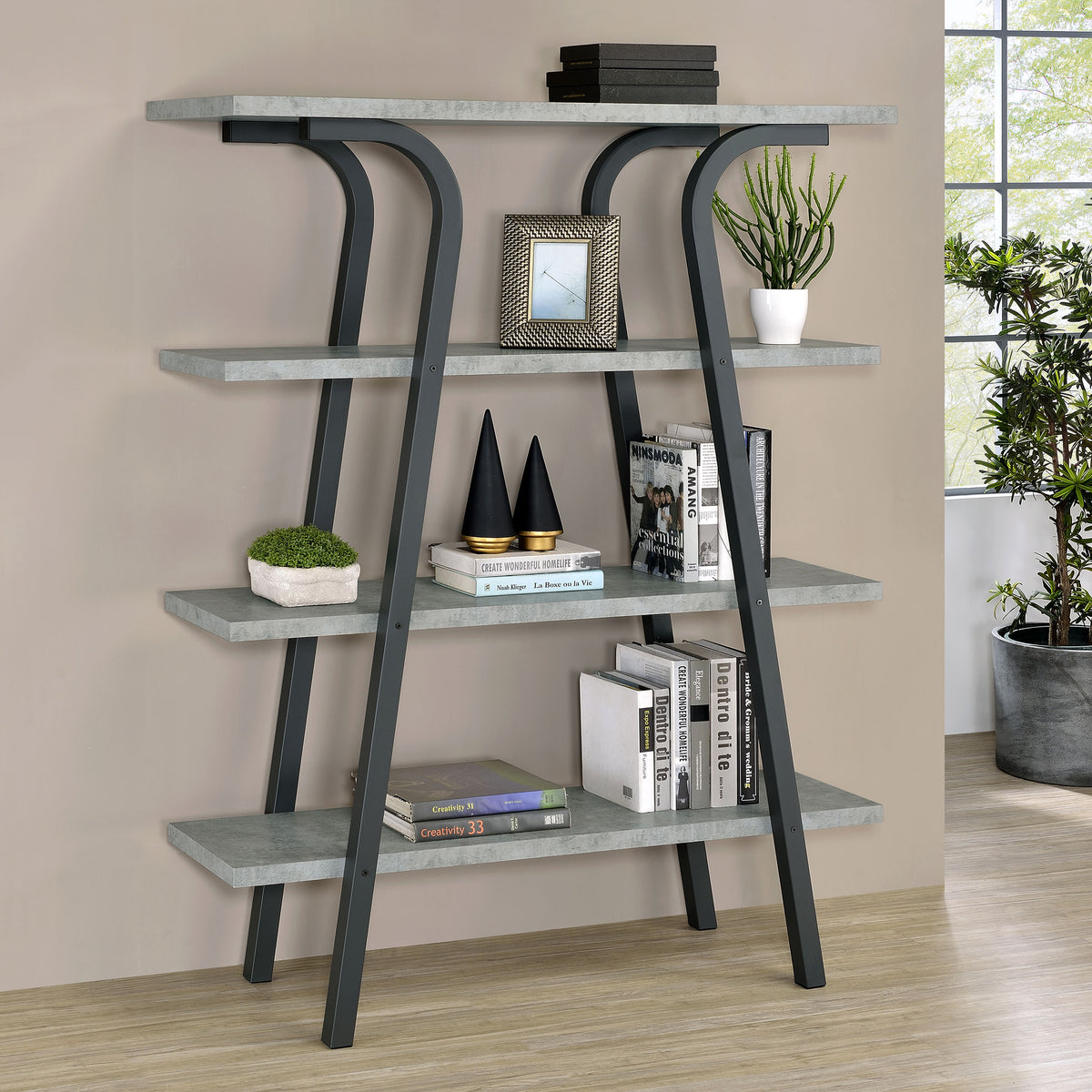 Tatum 4-tier Rectangular Bookcase Cement and Gunmetal Half Price Furniture