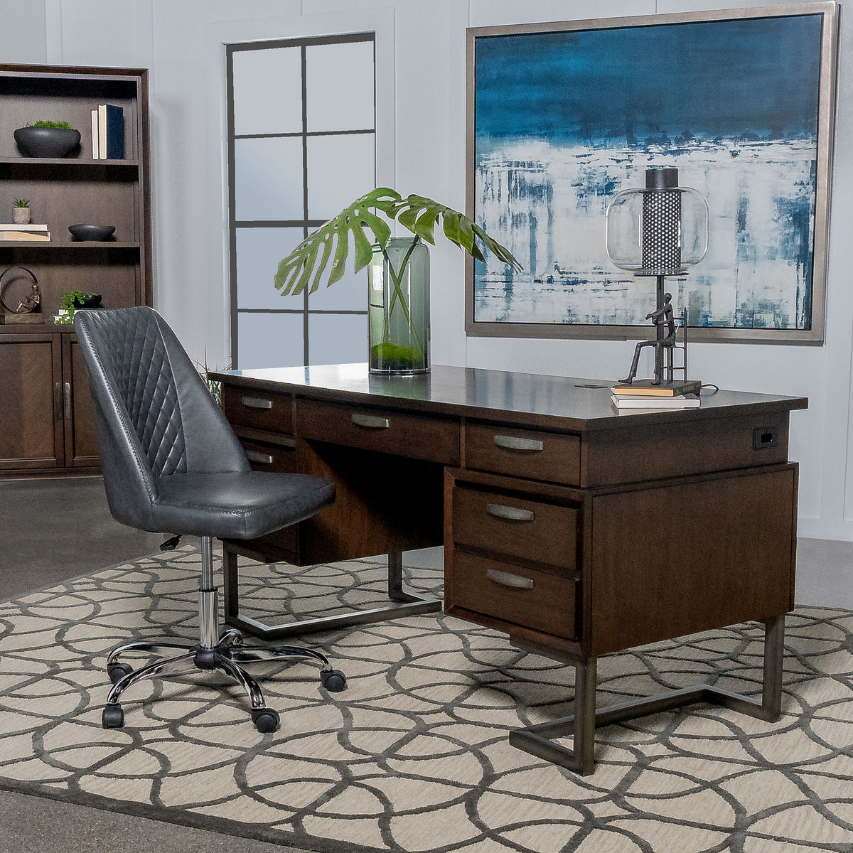 Marshall 6-drawer Executive Desk Dark Walnut and Gunmetal  Half Price Furniture