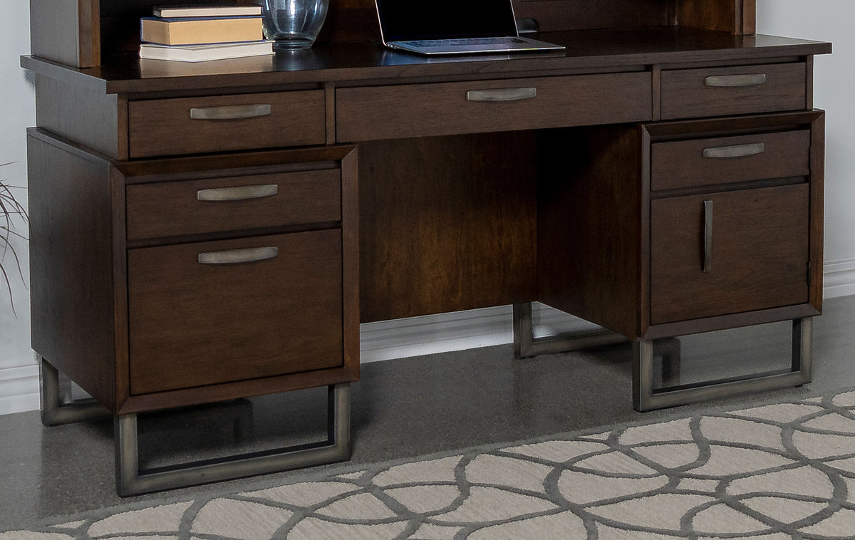 Marshall 5-drawer Credenza Desk With Power Outlet Dark Walnut and Gunmetal  Half Price Furniture
