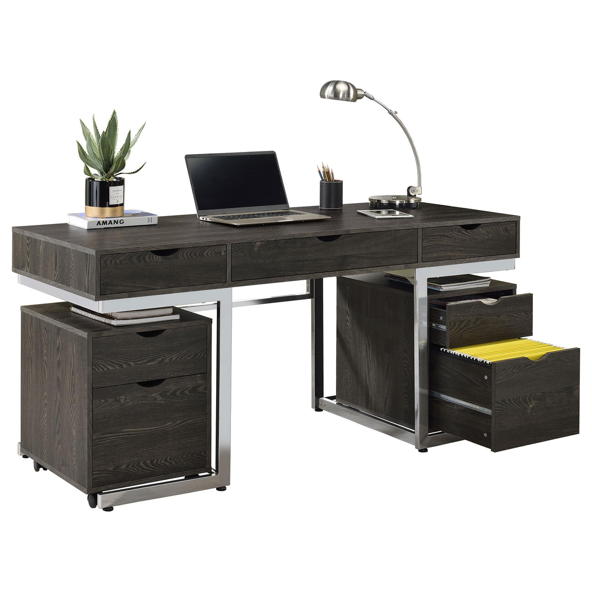 Noorvik 3-piece Writing Desk Set Dark Oak and Chrome Noorvik 3-piece Writing Desk Set Dark Oak and Chrome Half Price Furniture