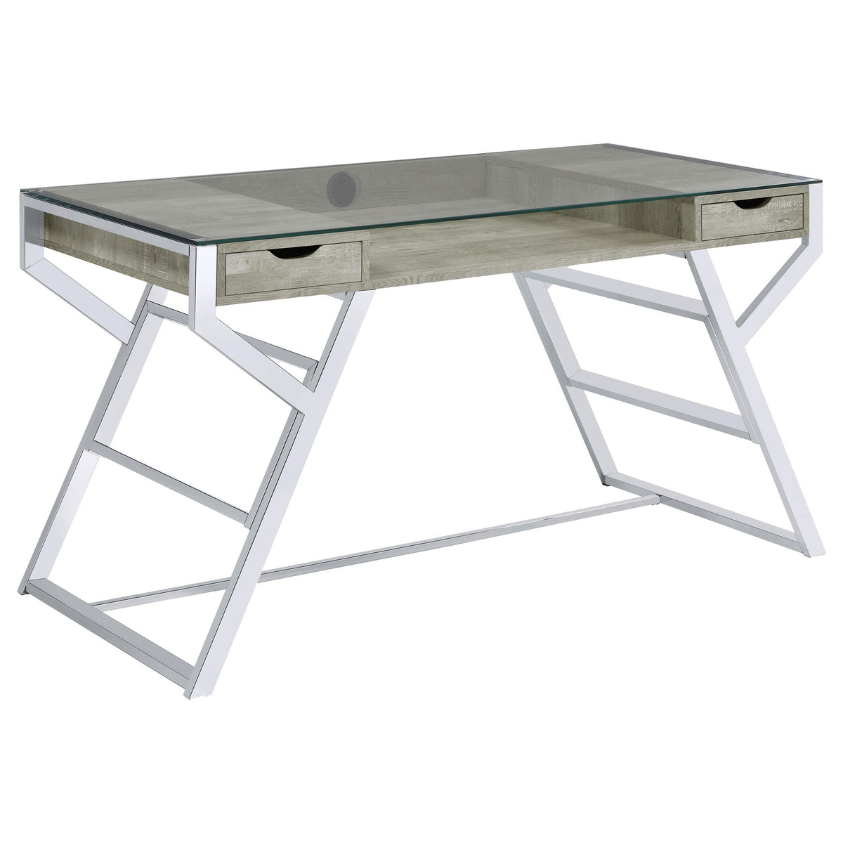 Emelle 2-drawer Glass Top Writing Desk Grey Driftwood and Chrome Emelle 2-drawer Glass Top Writing Desk Grey Driftwood and Chrome Half Price Furniture